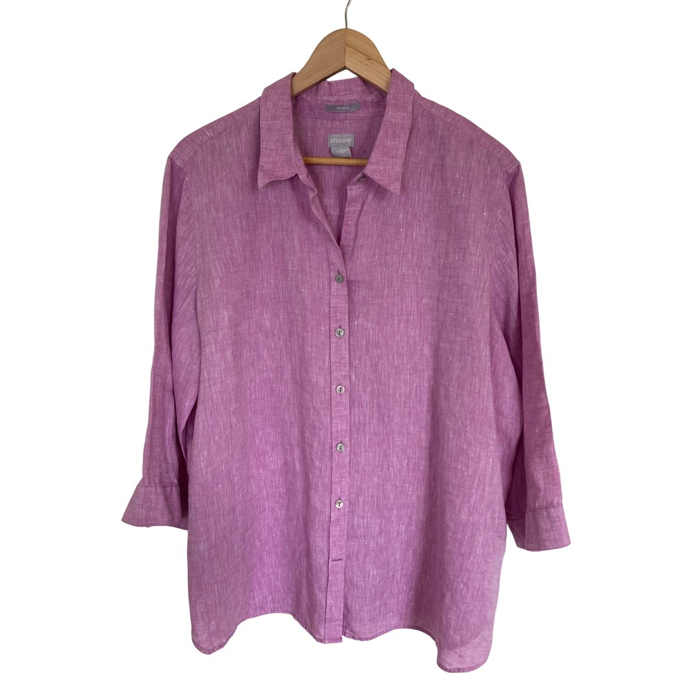 Chicos No Iron 100% Linen Button Down Shirt Orchid Purple Size 4 US 20 3/4 Slv